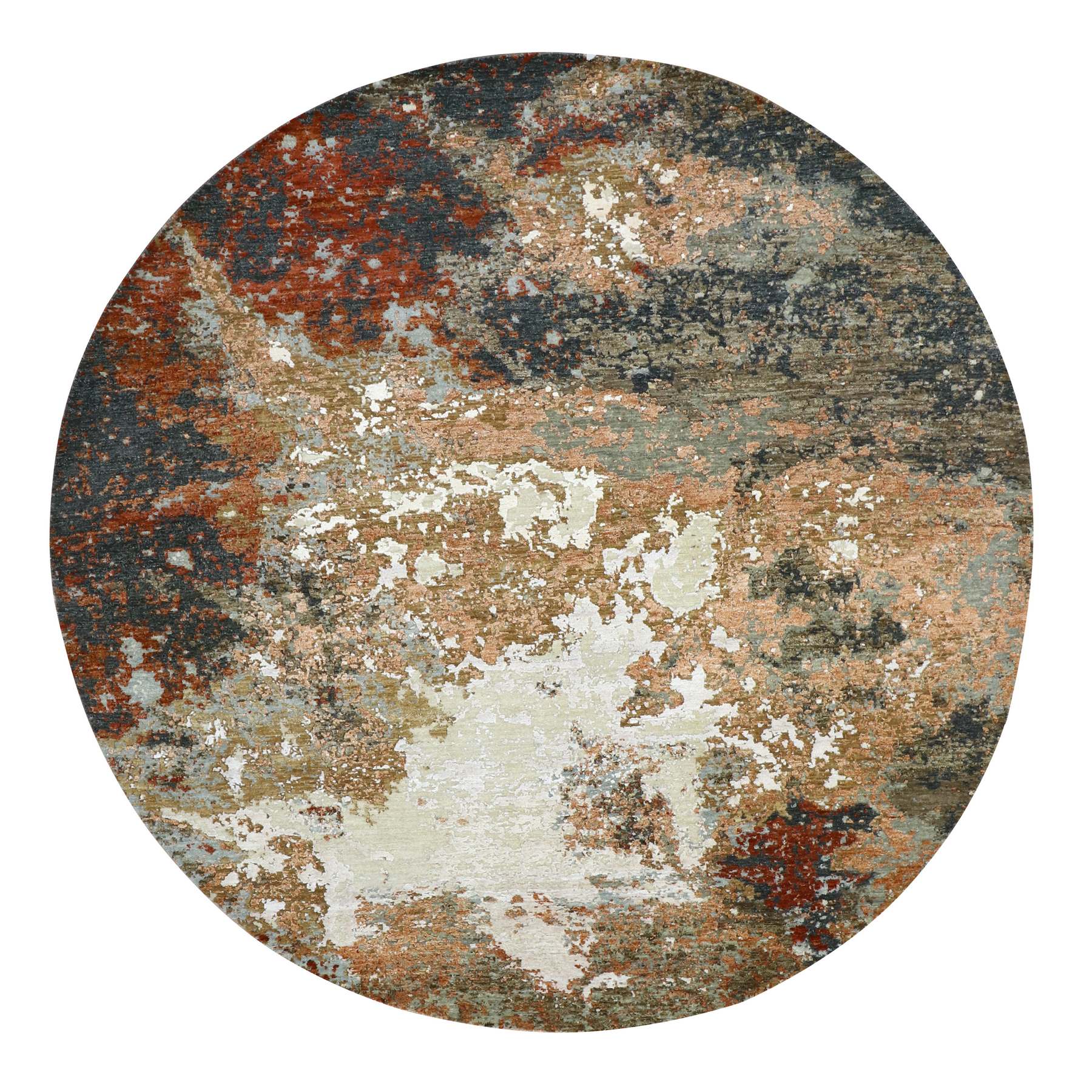 Charcoal Gray with Beige, Densely Woven, Colorful Abstract with Galaxy Design, Persian Knot, 100% Wool, Hand Knotted, Round, Oriental Rug